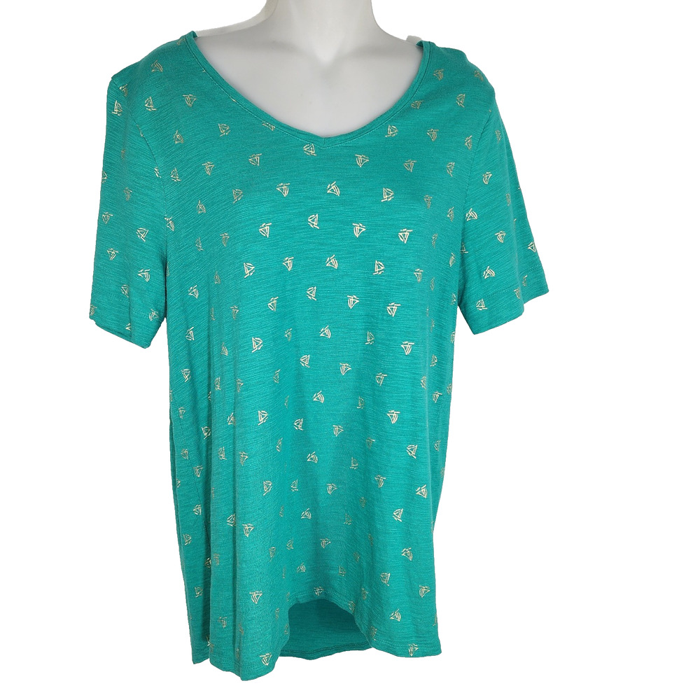 Chicos Women Ultimate Tee V Neck Size 1 Medium Green Gold Foiled Sailboat Knit